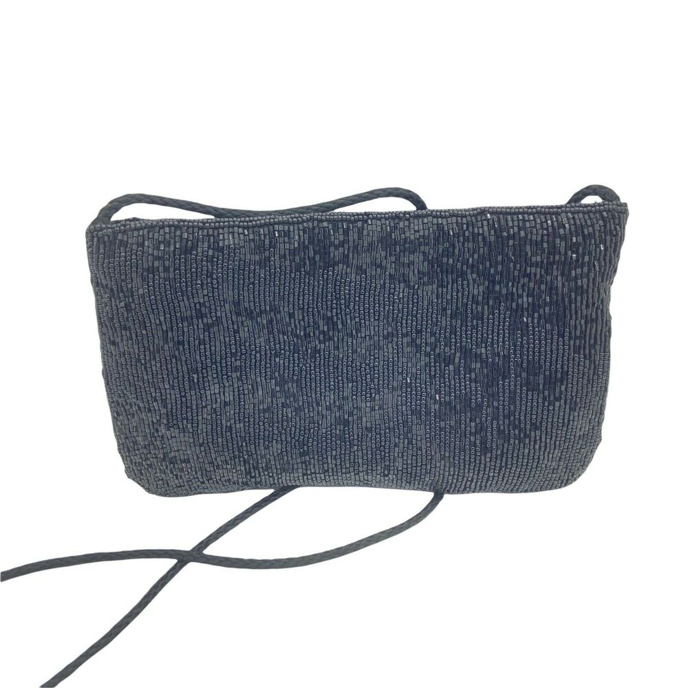 Beaded Purse Clutch Vintage 80s Black Cord Strap Formal Mini Crossbody 5" X 8.5"